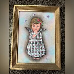 Vintage Colored Pencil Artwork with 32¢ Pink Rose Stamps Angel by MR